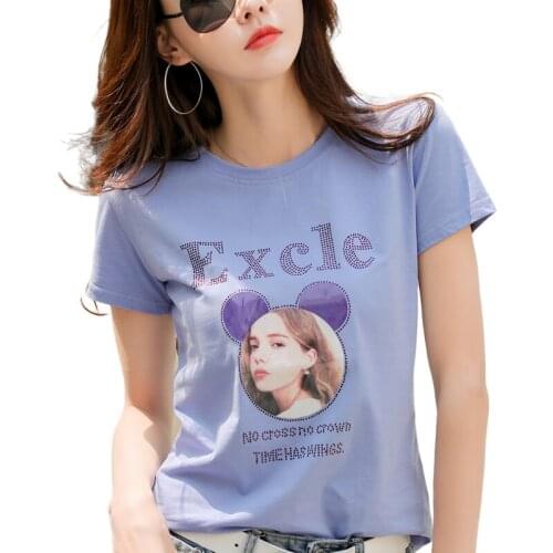 Diamonds Letter Short Sleeve Cotton T-Shirts Women 2021 Slim Summer Female Casual Fashion T Shirts Girl Printing Blue Black Tops