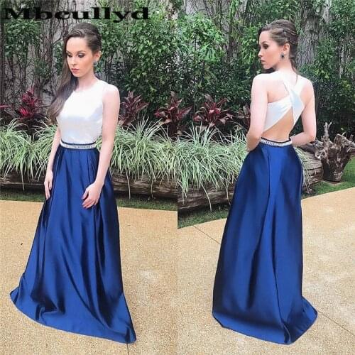 Mbcullyd White And Blue Prom Dresses With Cross Backless 2020 Chic Satin A Line Long Evening Dress For Women Cocktail Dress