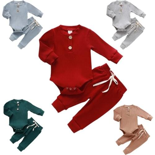2020 New Fall Autumn Infant Baby Boys Girls 2Pcs Set Buttons Decorate Long Sleeve Bodysuit+Long Pants 5 Colors Outfit