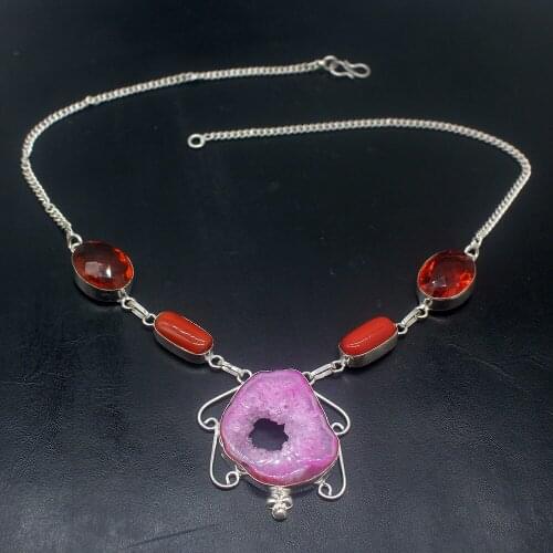 Hermosa Natural Hole Druzy RedCoral Garnet Silver Color Women Pendant Necklace Chain 18.5 Inch HD321
