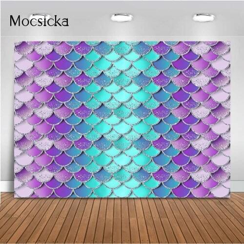Mermaid Birthday Backdrop Banner Sliver Glitter Mermaid Scales Backdrops Kids Birthday Party Girls Princess Photo Background