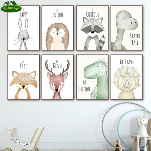 Woodland Animals Art Print Adorable Giraffe Monkey Lion Zebra Dinosaur Paintings Canvas Inspirational Wall Art Nursery Decor