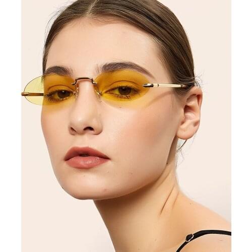 Round rimless frameless metal sunglasses women vintage oval colorful sun glasses men pink yellow small lens mini cool eyewear