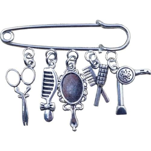 Hot Sale Antique Silver Plated Barbershop Articles Series Hair Dryer Scissors Comb Style Brooch Women Mother Gift CX051-056