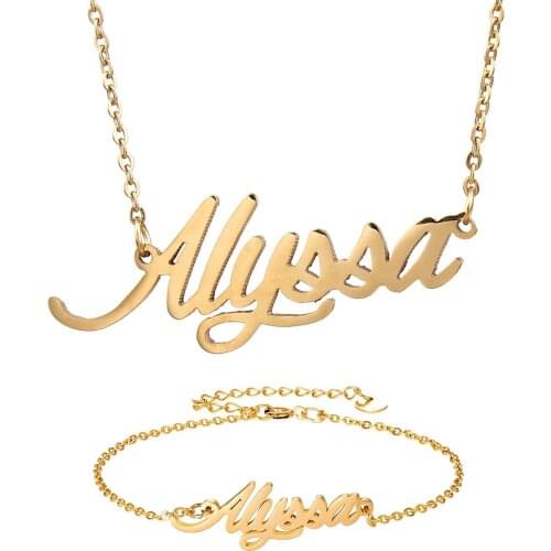 Fashion Stainless Steel Name Necklace + Bracelet Set " Alyssa " Script Letter Gold Choker Chain Necklace Pendant Nameplate Gift
