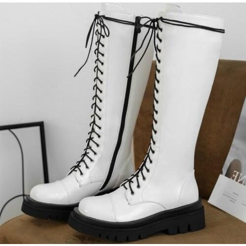 Fashion Fur Winter Boots Women Shoes 2020 Lace Up Womens Knee High Boots Platform Waterproof Black White Long Combat Boot Shoes