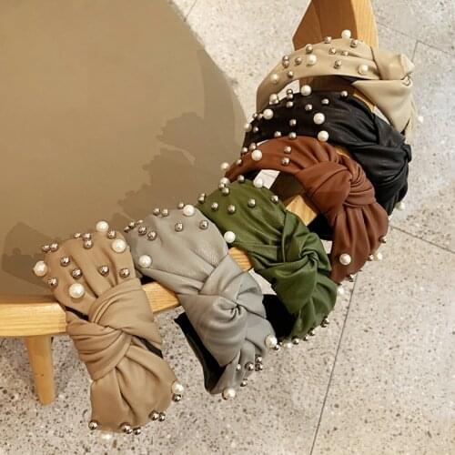 Girl Knotted PU Leather Hairband For Women Pearl Headband Hair Hoop Headdress Elegant Hair Accessories