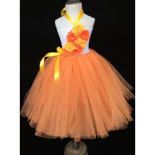 Baby Girls Orange Flower Tutu Dress Kids Crochet Tulle Dress Ball Gown with Ribbon Bow and Headband Children Wedding Party Dress