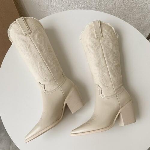 Osunlina Western Cow Boots Pointed Toe Square Heels Knee High Embroider Boots Woman Black White Leather Slip On Shoes A002