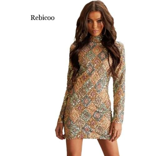 Color Sequins Dress Womens Autumn And Winter New Style European Version of High Collar Long Sleeve Slim Fit Slimming Mini Skirt