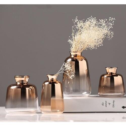 Gilded Glass Vase Home Decoration Figurines Crafts Nordic Gold Bottle Transparent Flower Plant Vases Wedding Decor Ornament