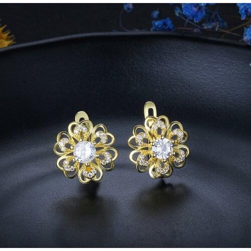 Gold Color Flower Earrings with Clear Zirconia Luxury Hoop Earrings for Women Jewelry Gift for Mother