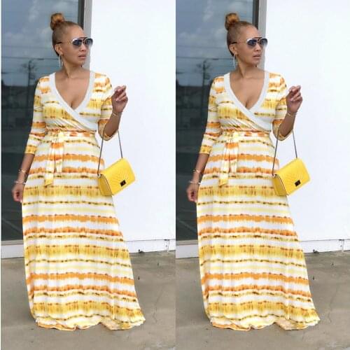 SH7113 Wholesale Items Sexy Womens Deep V-Neck Gradient Stripe Three-Quarter Sleeve Printed Fashion Long Skirt High Waist Dress