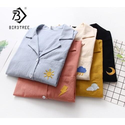 Summer New Arrival Cotton Weather Embroidery Notched Blouse Short Sleeve Button Up Casual Pockets Shirts Feminina Blusa T9O504F