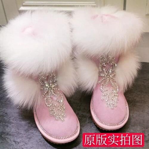 Womens Real Big Fox Fur Rhinestones DIY Ankle Boots Warm Winter Thick Snow Furry Sweet Shoes Black Pink New 2020