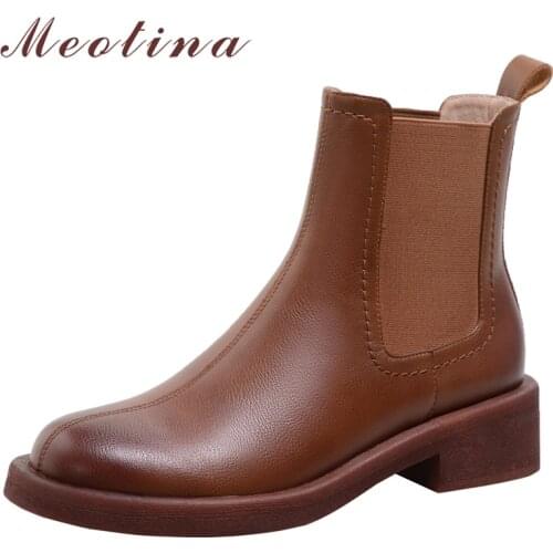 Meotina Shoes Women Genuine Leather Chelsea Boots Med Heel Round Toe Boots Thick Heel Ladies Ankle Boots Autumn Winter 40 Brown