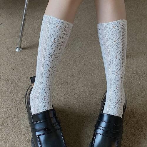 Lolita Flower Women Stockings Jk High Knee Socks Female Vintage Thin Fishnet Long Socks Leg Elastic Dress Calcetine Medias