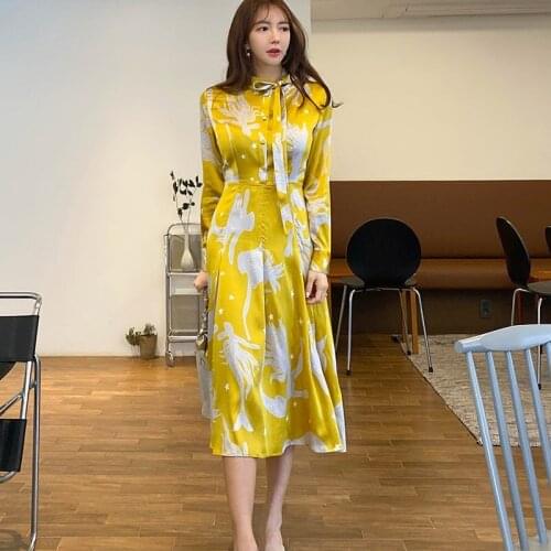 High Quality Office Bow Collar Maxi Dresses Womens Runway Designer Long Sleeve Vintage Printing Fashion Loose A-line Dress