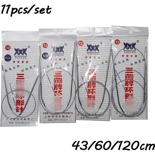 11Pcs 43/60/120cm Circular Knitting Needles Stainless Steel Pins Crochet Ring Needle Weaving Pins Knitting Needlework Hook Tools