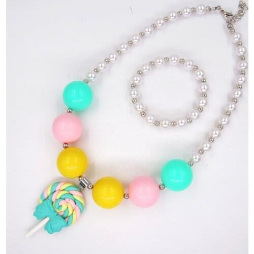 2020 Spring Child Toddler Girls Green Bow Lollipop Charm Chunky Pearl Bead Necklace Bracelet Jewelry Set Birthday Gift For Kids