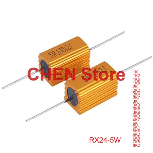 5PCS RX24 5W Gold aluminum shell resistor 1K 1K2 1K5 1K8 2K 2K2 2K4 2K7 3K 3K3 3K6 3K9 4K3 4K7 5K 5K1 5K6 6K2 6K8 7K5 8K2
