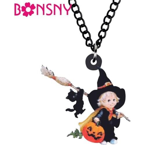 Bonsny Acrylic Halloween Witch Girl Broom Cat Pumpkin Necklace Cartoon Sweet Choker Pendant Jewelry For Women Kids Gift Charms