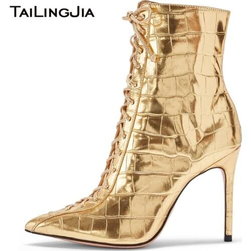 Gold Crocodile Pattern High Heel Ankle Boots Womens Pointed Toe Heeled Black Booties Ladies Stiletto Heel Lace Up Short Boots