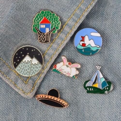 Go Camping Enamel Pin Tree House Tent Mountain Badge Brooch Lapel Pin for Jean Shirt Bag Cartoon Jewelry Gift for Kids Wholesale