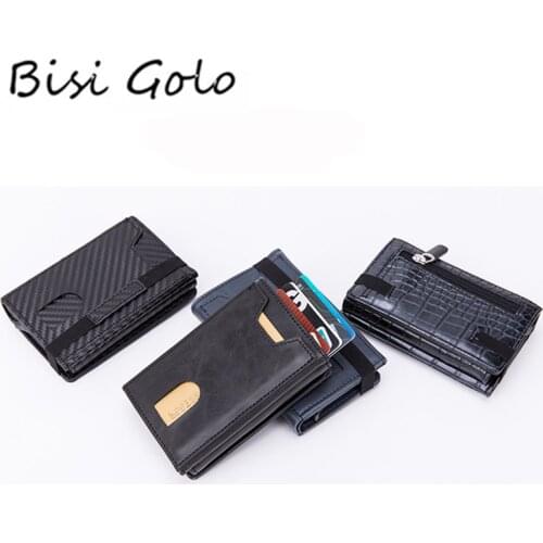 BISI GORO Protector PU Leather Wallet Multifunctional Men Clutch Carbon Fiber Card Holder Female RFID Blocking Case Metal Box