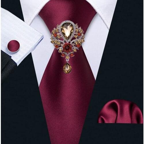 Red Satin Silk Tie Rhinestone Brooches Men Wedding Tie Hanky Set Barry.wang Fashion Designer Solid Neckties for Men Gift Party