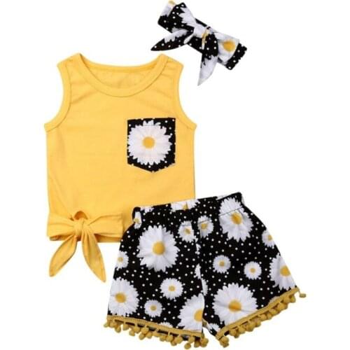 Baby Summer Clothing Toddler Baby Girl Flower Sleeveless Tops T-shirts Tassel Daisy Short Headband 3PCS Outfits Set Sunsuit