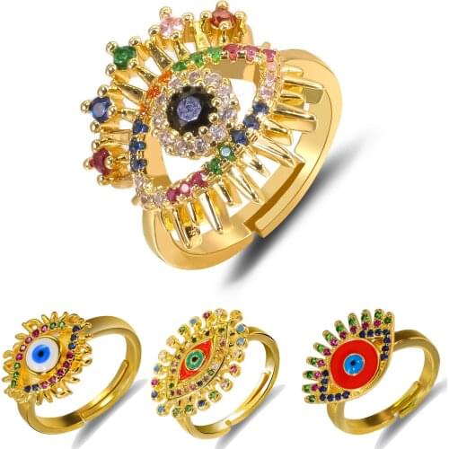 Fashion Bohemian Rainbow Colorful CZ Stone Wedding Ring For Women Gold Color Evil Eye Open Ring Adjustable Size Party Jewelry