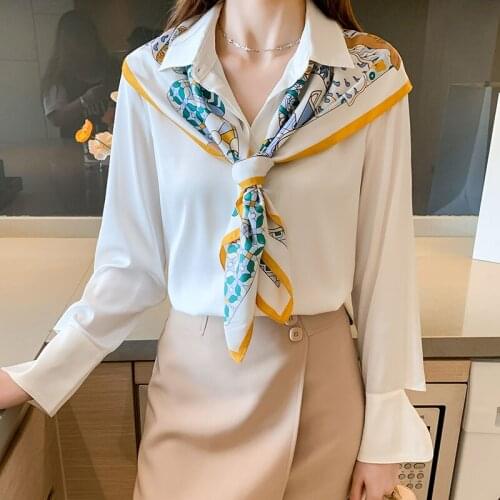 Fashion printing ladies shirts with scarf Womens Blouses 2021 Spring Autumn Long Sleeve Shirts Tops Blusas Mujer