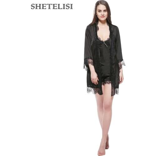 Solid Satin Chiffon Lace Robe Spring Summer Sexy Women Bathrobe & Pajamas Set Ladies Home Clothes sp0058
