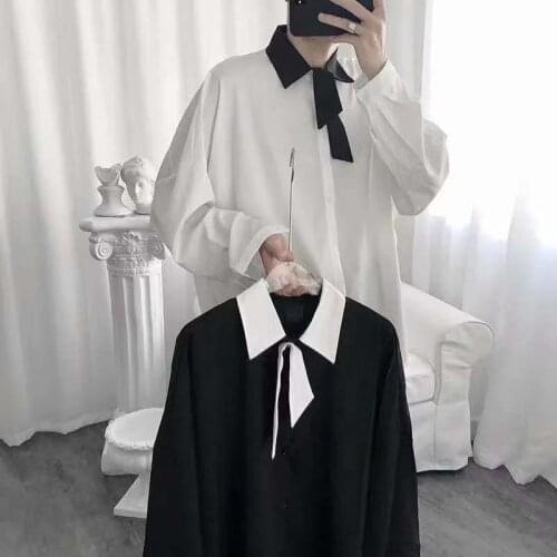 Send Tie 2021 Mens Korean Style Long Sleeve Loose Design Shirts Lapel Collar Clothes Top Shirts Fashion Camisa Masculina