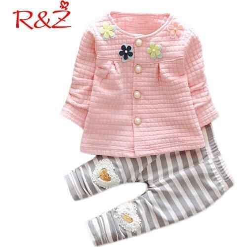 R&Z 2019 New Baby Cothes Girls Flower Suit Cardigan + Pants 2pcs / set infant jacket Kids clothes Striped Pants free shipping