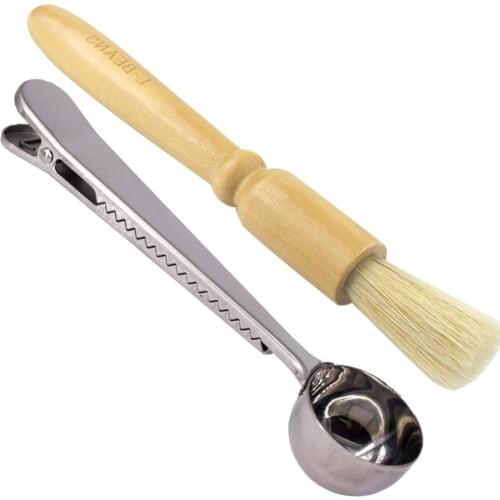 Coffee Grinder Cleaning Brush with Coffee Scoop with Clip,Natural Bristles Brush Stainless Steel Spoon Clip Coffee Tool