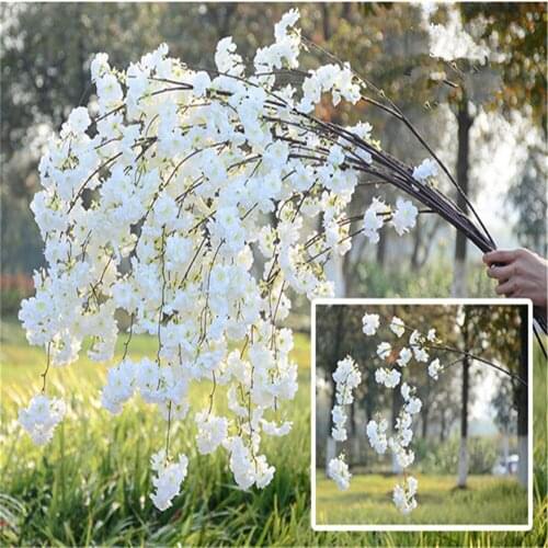 Simulation cherry blossom branch 4 fork with green leaves pear flower wedding decoration artificial silk