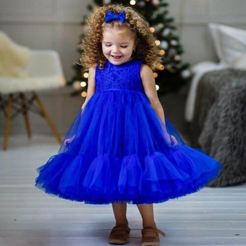 Roral Blue Tea Length Girl Clothes for Birthday Party Puffy Tutu Princess Flower Girl Dress Party Gown Photography