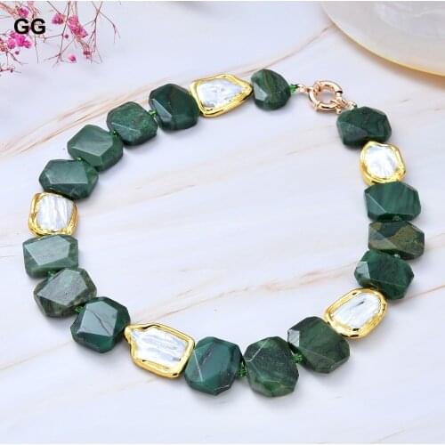 GuaiGuai Jewelry Natural White Keshi Pearl Gold Color Plated Green Agates Large Chunky Slice Rectangular Necklace For Women