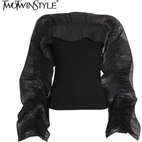 TWOTWINSTYLE Solid Color White Polyester Ruffle Womens Blouse Slash Neck Top Streetwear Long Sleeves Loose Shirt Female 2021