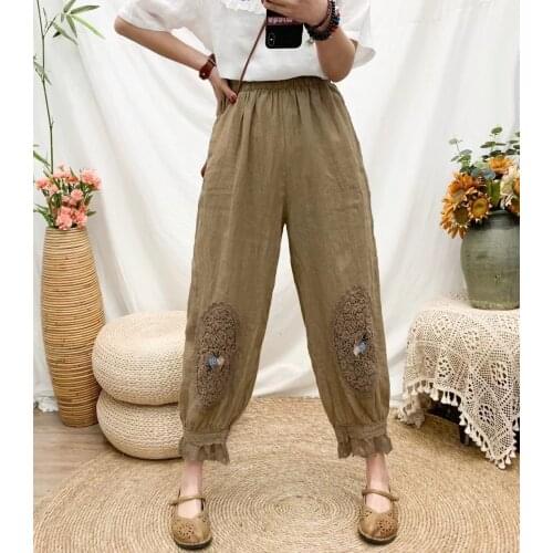 2021 Japan Style Mori Girl Embroidery Stitching Lace Casual Pants Women Loose Cotton and linen Elastic Waist Harem Pants