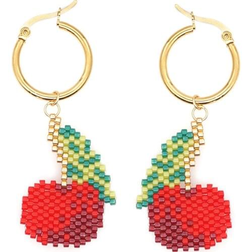 Miyuki Rice Beads Hand-made Women Danging Earring Red Cherry Fruit Stainless Steel Metal Earrings Hot European Jewelry