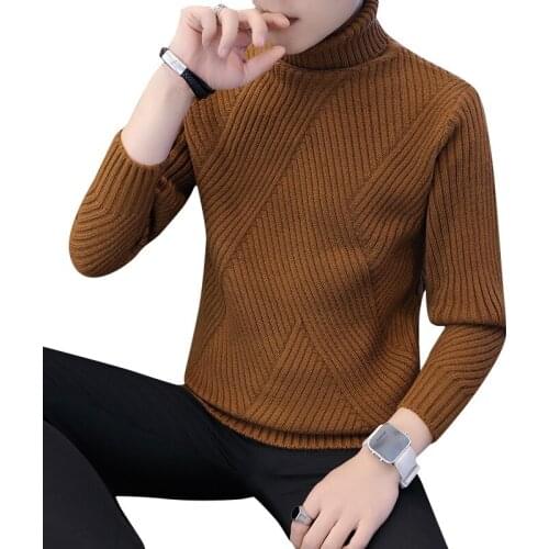 Winter Thick Warm Sweater Men Turtleneck Irregular Stripe Sweaters Slim Fit Pullover Knitwear Pull White