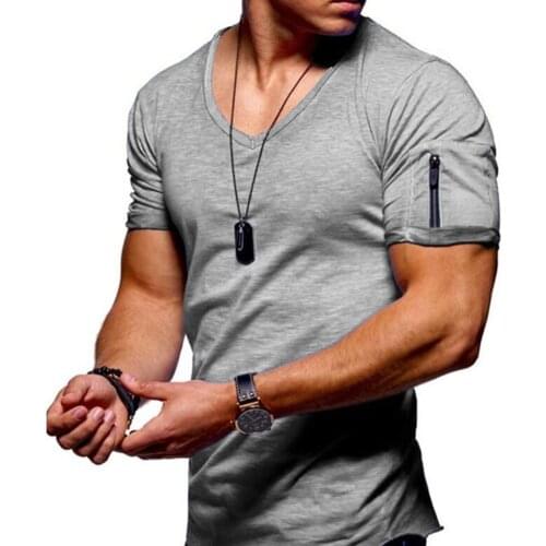 2021 New Fashion Mens T-Shirt Solid Color Zip Pocket V Neck Short Sleeve T-shirt Fit Plus Size Tee Top for Men Male Clothing