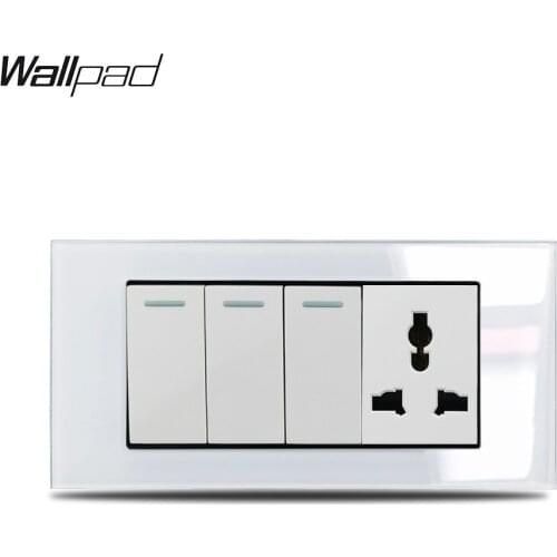 153*75mm 3 Gang Push Light Switch with Universal Socket Wallpad L3 White Glass 16A 110V-250V Rocker Button and Power Outlet