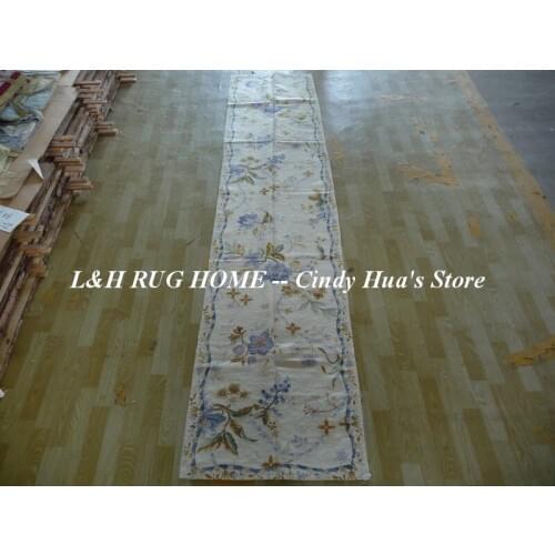 Free shipping 2.5'x10' Runner Handmade Floral English Garden Blue Roses Wool Needlepoint Rug