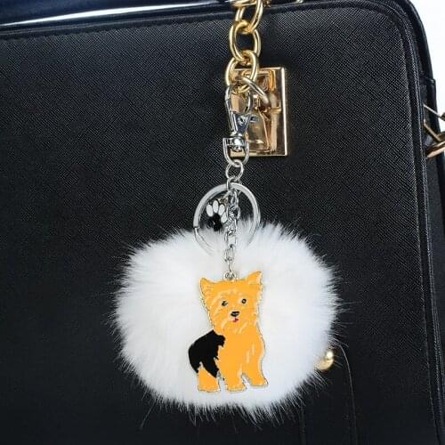 Rabbit Fur Pompom Yorkshire Terrier Key Chains For Women Men Alloy Pom Pom Dog Pendant Bag Charm Keyring Car Keychain Key Ring