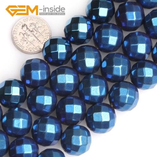 12/13/14/15mm Blue Metallic Coated Round Shape Faceted Magnetic Hematite Loose Beads For Jewelry Making Strand 15" GEM-inside