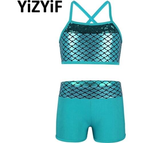 Kids Clothes Sequins Mermaid Tankini Girls gymnastics leotard Ballet Dancewear Sleeveless Scales Printed Tank Top with Bottoms